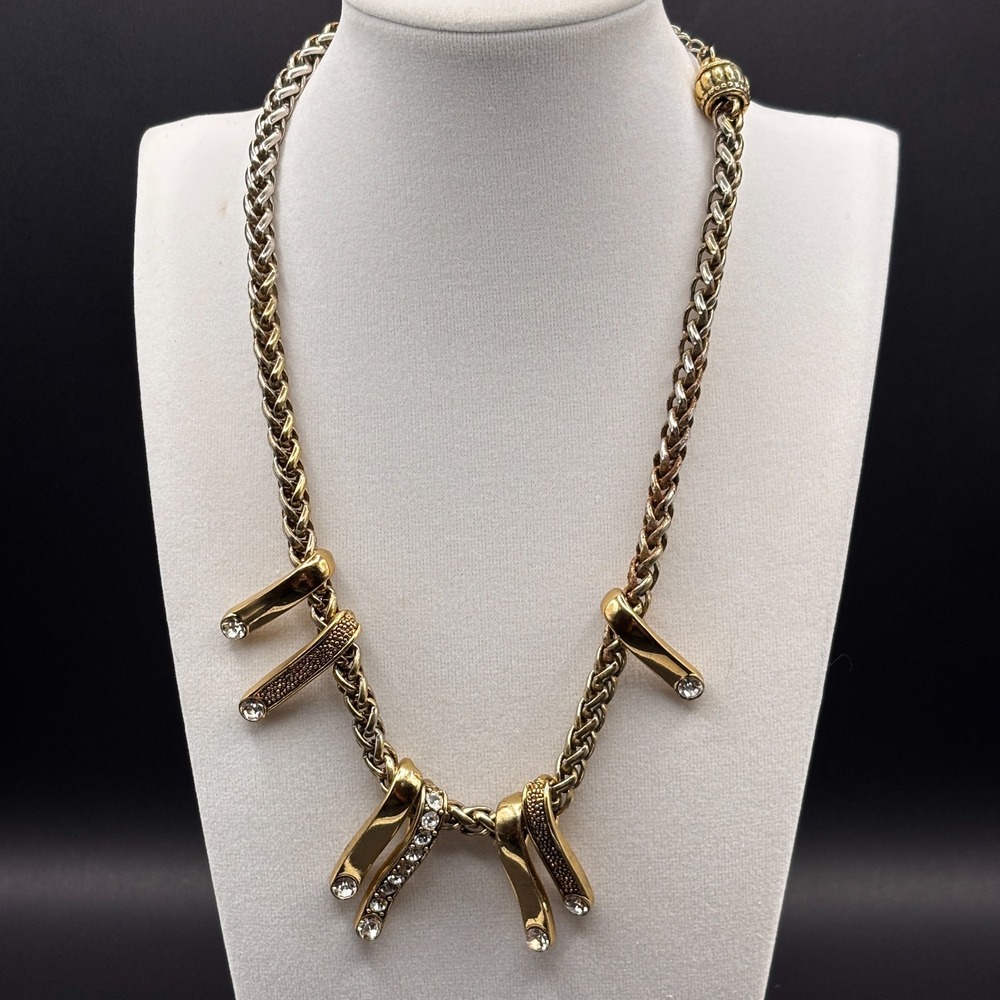 Vintage Gold Tone Statement Necklace Woven Chain Crystal Dangle Choker Retro Y2K - Picture 3 of 11